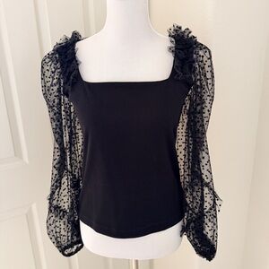LOFT Black Top with Sheer Polka Dot Sleeves